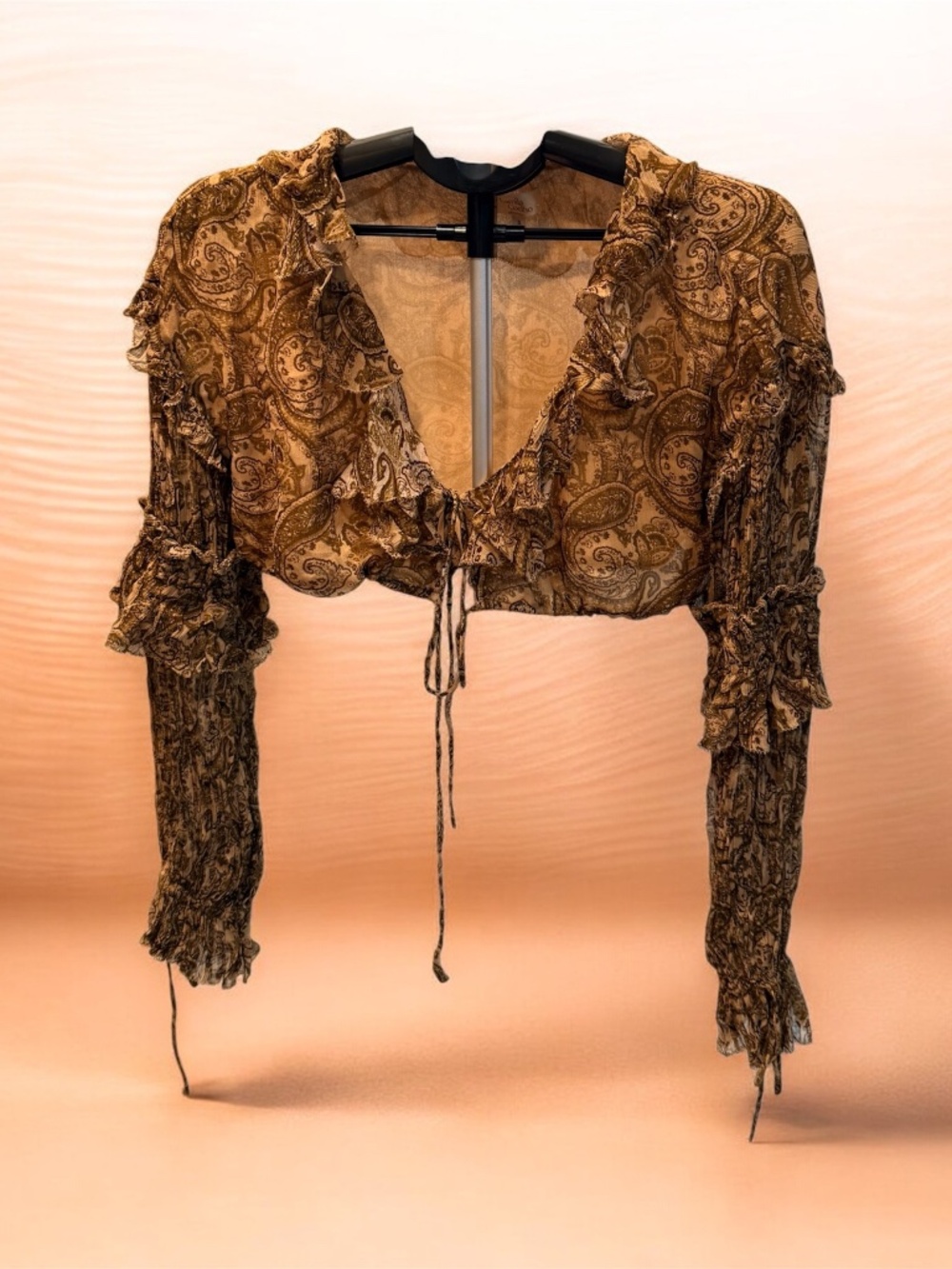 Camila Coelho Brown Paisley Ruffle Tie Front Crop Top Size S